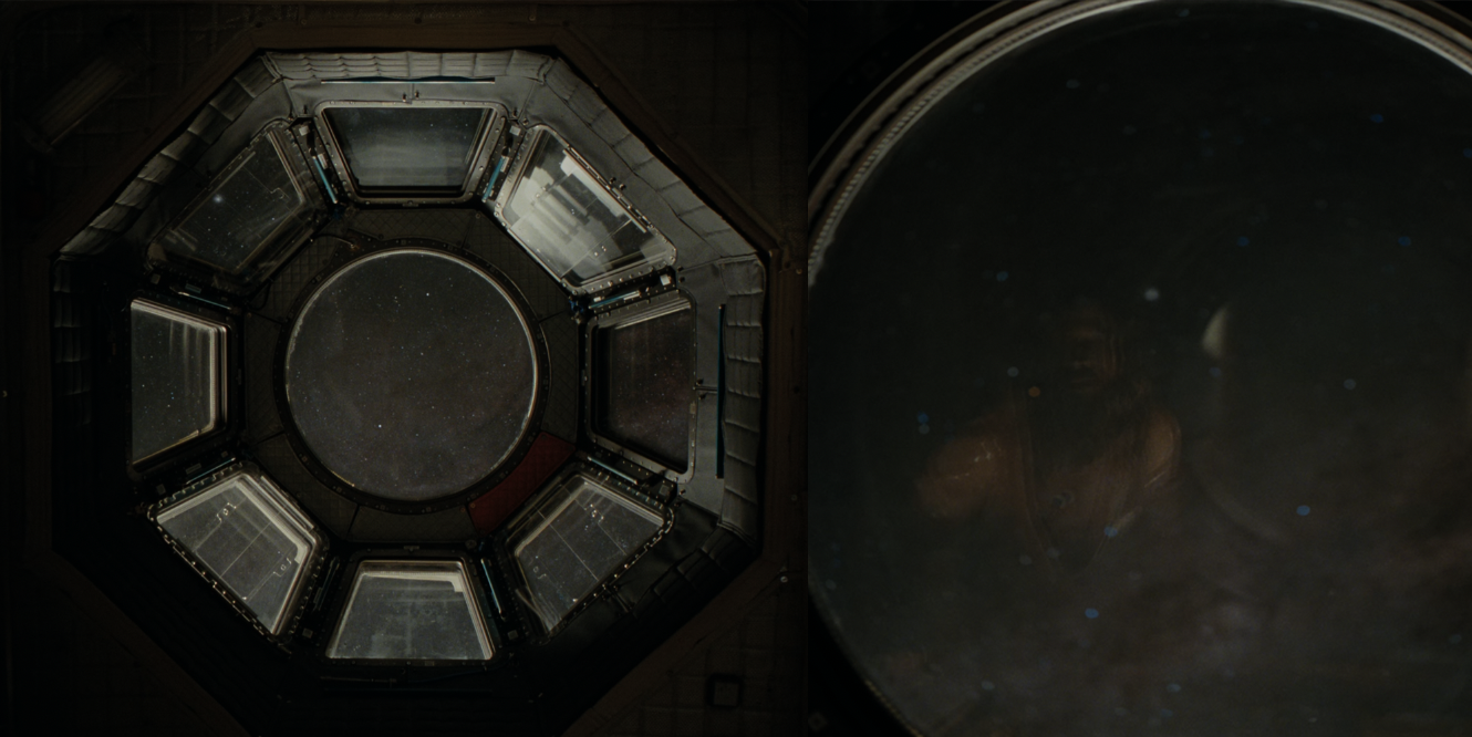 Grace's view through the spherical window of the Hail Mary, revealing the galactic plane with accurate star color.